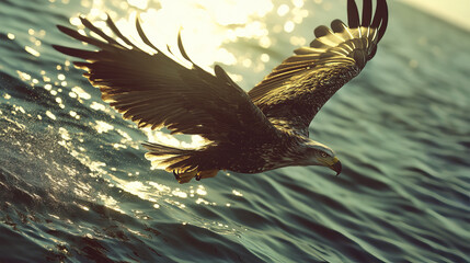 Eagle diving toward ocean, wings spread wide, capturing moment