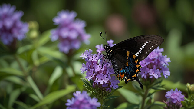 Swallowtail butterfly perched on purple flower with soft background. Ideal for nature, wildlife, and peaceful garden photography.