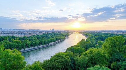 Fototapeta premium Scenic aerial view of a wide river winding through lush green trees in a city during a golden sunset.