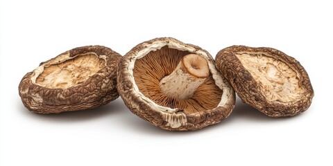 Dried shiitake mushrooms displayed against a white background, showcasing the unique texture and color of dried shiitake mushrooms with a selective focus that accentuates their appeal.