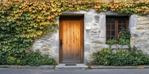 Facade of a charming stone house featuring a wooden door and lush vines elegantly climbing the wall, creating a picturesque scene of a one story residence.