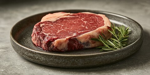 Fototapeta premium Rib Eye MB3 Steak presented on a plate, showcasing the rich appearance and texture of this 250g Rib Eye MB3 Steak, perfect for culinary enthusiasts and gourmet dining experiences.