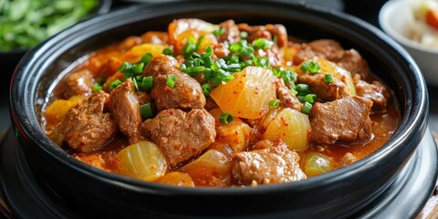 Delight in the savory flavors of Pork and Kimchi Stew, a classic Korean food dish known for its rich taste and comforting qualities. Enjoy the warmth of Pork and Kimchi Stew in every bite.