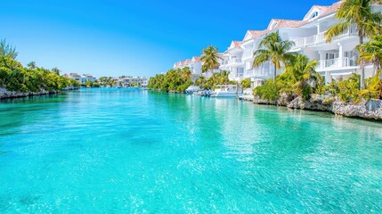 Obraz premium Tranquil turquoise canal with waterfront homes, lush tropical vegetation, and clear water under a bright blue sky.