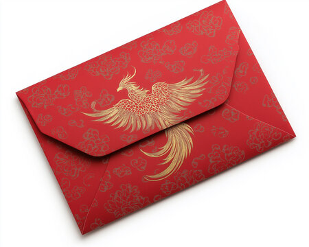 Chinese New Year celebration new beginnings red envelopes festival rituals. Red envelope adorned with a golden phoenix design.