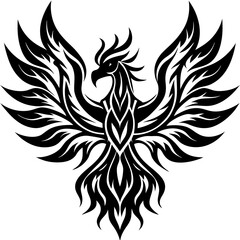 Tribal Phoenix Illustration with Flames – Black and White Mythical Bird Art