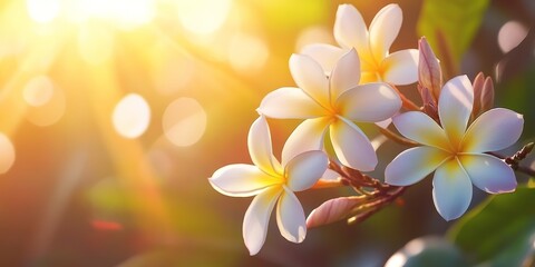 Fototapeta premium Frangipani flowers showcase their beauty against a vibrant sunlit background, highlighting the stunning visual appeal of these alluring frangipani flowers in nature.