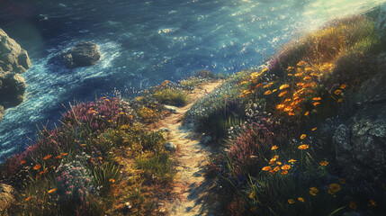 scenic cliffside path lined with vibrant flowers and ocean views