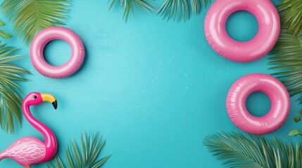 Vibrant Summer Scene with Flamingo and Pool Floats on Blue Background