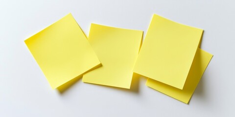 Fototapeta premium Bright yellow sticky notes are placed on a white background, showcasing the vibrant color of the yellow notes against the clean, isolated surface, perfect for creative organization and reminders.