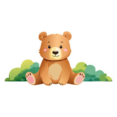 Fototapeta premium Adorable Brown Bear Cub Sitting in Green Bushes Illustration