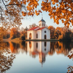 Obraz premium Autumn sunset by lake church