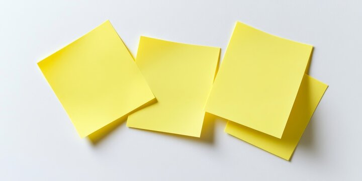 Bright yellow sticky notes are placed on a white background, showcasing the vibrant color of the yellow notes against the clean, isolated surface, perfect for creative organization and reminders.