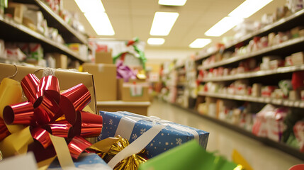 Gift wrapping aisle in retail store with colorful bows and ribbons, holiday shopping concept