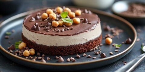 Delicious chocolate chickpeas vegan cake topped with creamy cashew cream, featuring toning and selective focus highlights for an enticing presentation of this unique dessert.