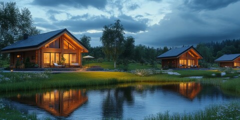 Fototapeta premium Cozy log houses designed for tourists offer comfort and relaxation during the evening, providing a perfect retreat for those seeking a tranquil getaway in charming log houses.