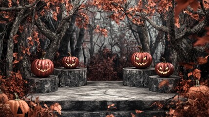Fototapeta premium Halloween Pumpkins On Stone Steps In An Autumn Forest