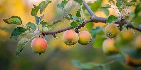 Unripe apple fruits hanging from branches of an apple tree, showcasing the beauty of nature and the promise of future growth within a vibrant apple tree landscape.