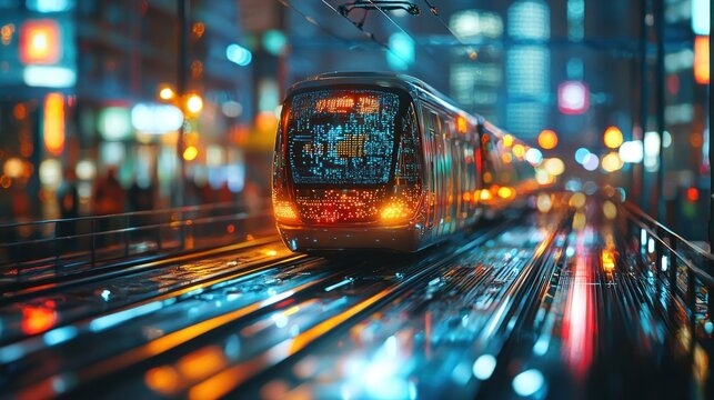 Futuristic AI-Driven Public Transit System with Automated Buses in Tech-Centric Cityscape