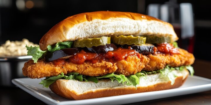 Savory chicken schnitzel sandwich featuring challah bread, topped with rich tomato sauce, creamy hummus, crispy fried eggplant, fresh lettuce, and tangy pickles for a delightful meal. - Powered by Adobe