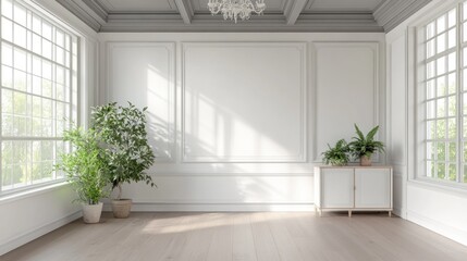 Fototapeta premium Sunlit empty room with wainscoting, large windows, plants, and hardwood floors.