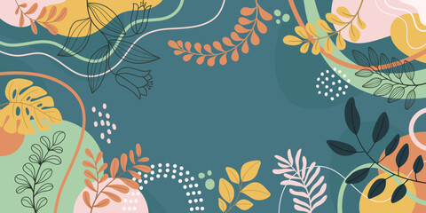 Design banner frame spring background with beautiful for design. Colorful background with tropical plants.