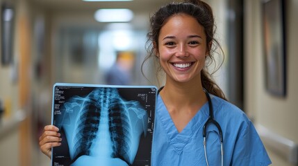 A woman is holding a medical x-ray of a woman's chest