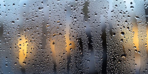 Close up view of condensation on the window, featuring intricate details of the condensation patterns and textures. The condensation creates a unique visual effect on the glass surface.