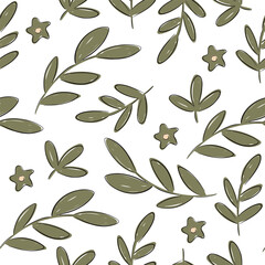 Hand drawn botanical seamless pattern featuring green leaves and flowers for fabric design