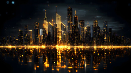 A futuristic cityscape illuminated with gold
