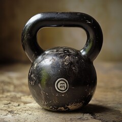 Fototapeta premium A weathered black kettlebell resting on a rustic surface, showcasing its textured surface and sturdy design.