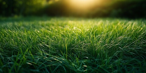 Fototapeta premium Lush green grass illuminated by the warm rays of the setting sun creates a serene and peaceful landscape, highlighting the beauty of green grass in the evening light.