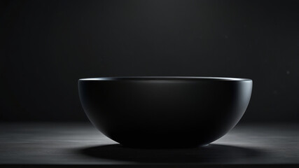 A simple black ceramic bowl, isolated on a dark backdrop, highlighting its smooth texture and elegant form