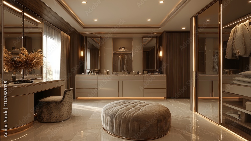Poster a large room with a large mirror and a round ottoman
