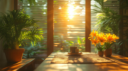 Sunlit Table With Yellow Flowers and Green Plants - Illustration