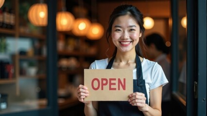 Smiling woman holding open sign at cafe entrance during daytime in a cozy setting