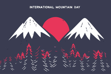 Celebrating International Mountain Day with Scenic Winter Landscape and Red Sun Illustration
