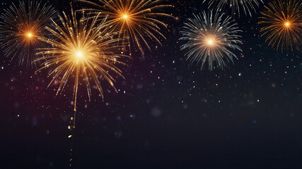 Obraz premium New Year background with fireworks, gold and silver confetti, and glowing streamers. A bright festive design with clear center space for text.