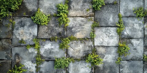 Seamless top view showcasing weeds thriving among neglected concrete tiles, highlighting the texture and contrast of nature reclaiming space in this unique setting of weeds and concrete.