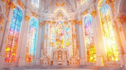 Obraz premium Sunlit church interior with vibrant stained glass windows and ornate altar.