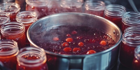 Strawberry jam simmering in a traditional jam pan, with pristine empty jars nearby, ready for the delightful strawberry jam. Experience the art of strawberry jam creation as it bubbles.