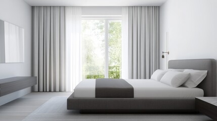 Fototapeta premium Minimalist modern guest bedroom with clean, stylish design. Featuring neutral tones and sleek furnishings