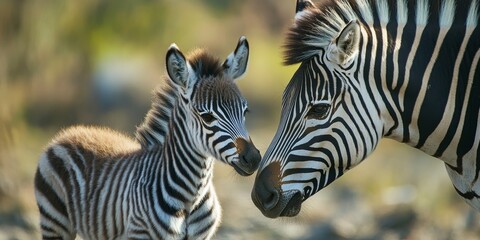Fototapeta premium Zebra foal standing close to its mother, showcasing the adorable bond between the zebra foal and the nurturing presence of its mom, highlighting the beauty of this zebra foal interaction.