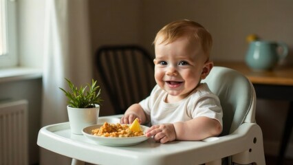 Smiling baby enjoying meal at high chair indoors during daytime