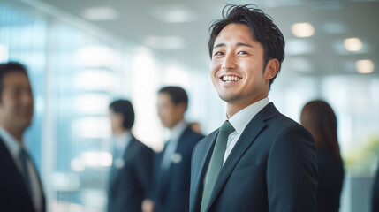 Corporate leadership concept with a smiling executive in focus