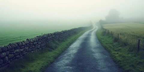 Fototapeta premium Scenic small country road alongside a classic stone wall, leading through a vast field shrouded in light fog. Ideal for travel and road trip themes, showcasing a stunning landscape view.