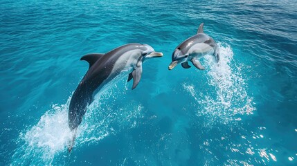 Two dolphins leaping playfully in vibrant blue ocean water.