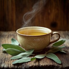 A steaming cup of herbal tea with fresh sage leaves on a rustic wooden surface.