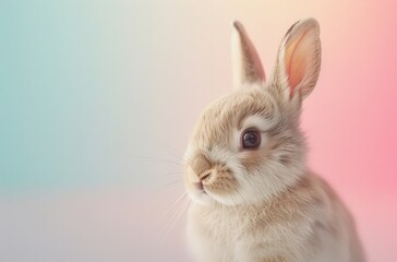 Obraz premium A cute rabbit with soft fur and large ears against a pastel background, showcasing its gentle expression and charm.