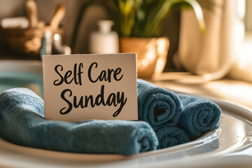 "Self Care Sunday" Sign, Spa Composition with Blue Towels, Relaxation Still Life